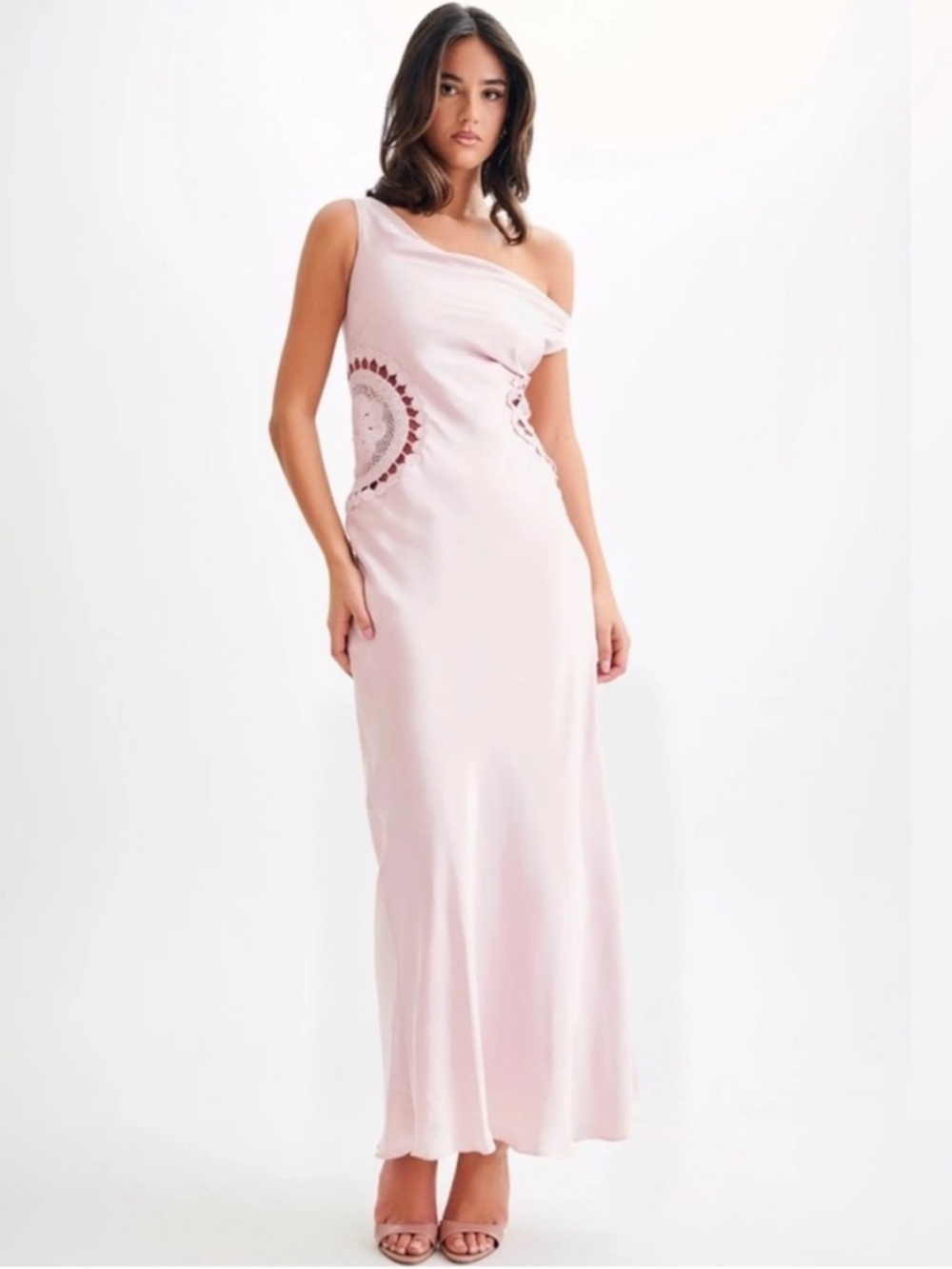Meshki Kristina Satin Off Shoulder Maxi Dress with Crochet Pale Pink Size Large